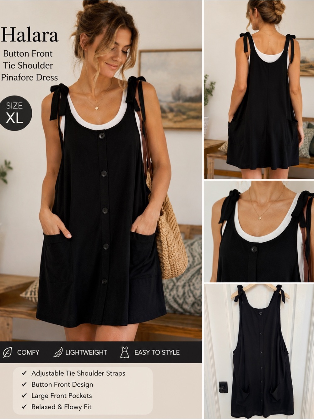 NWOT Halara Black Button Front Tie Shoulder Pinafore Dress Pockets XL
